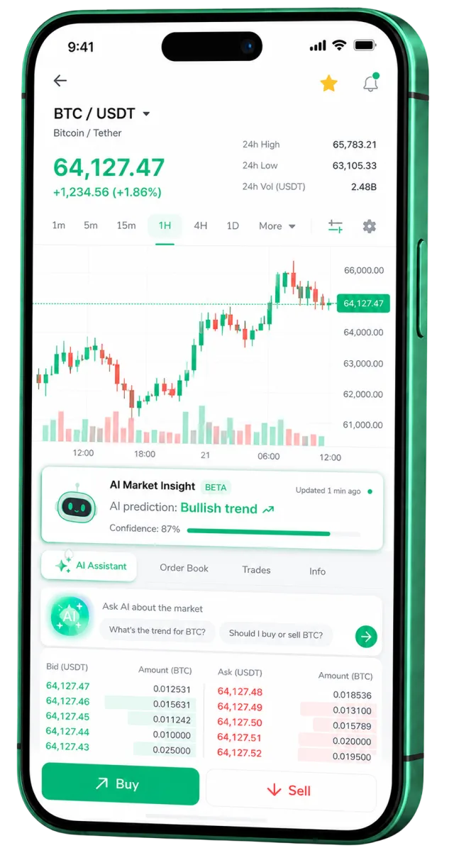 Aplicación móvil de trading de Quantora Invest ejecutándose en un smartphone
